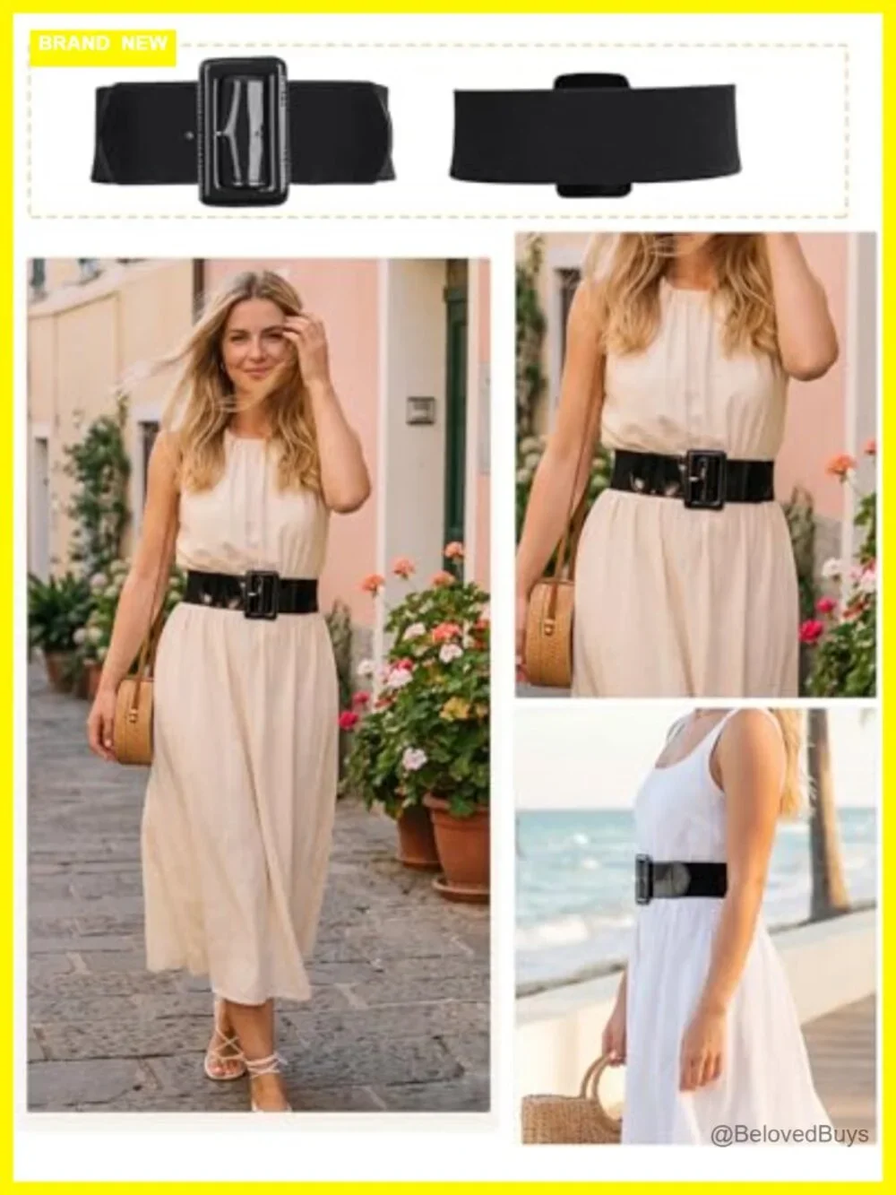 Vintage Stretchy Elastic Waist Belt PU Leather Chunky Buckle Women Accessory